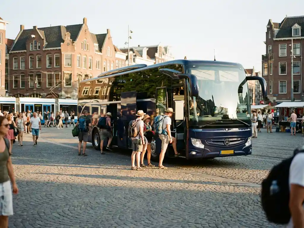 Luxe touringcar met passagiers die instappen op een Nederlandse stadsplein met kasseien en warme bakstenen gebouwen