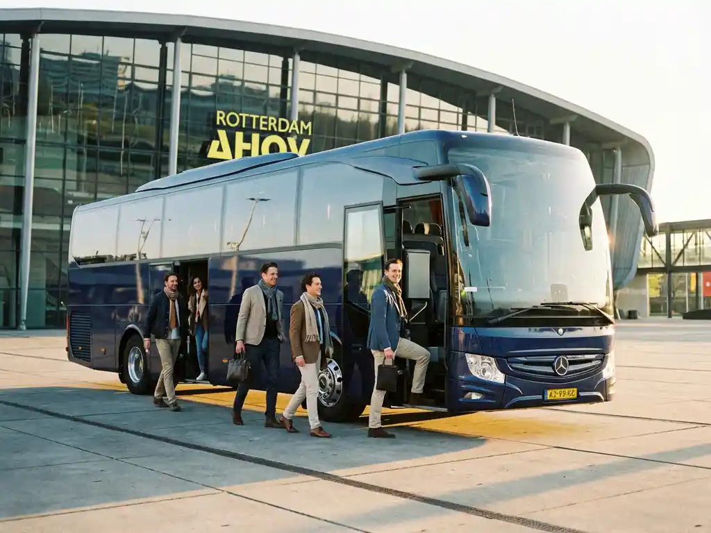 Luxe touringcar geparkeerd voor de glazen gevel van Rotterdam Ahoy, passagiers stappen in tijdens gouden uur