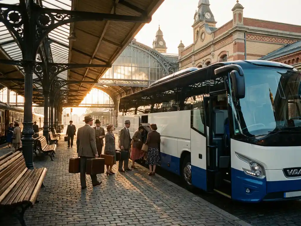 Luxe touringcar bij historisch Nederlands treinstation met passagiers in retro kleding onder gouden zonlicht