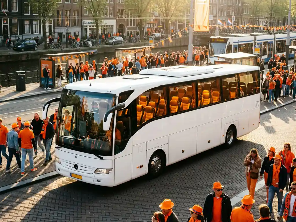 Witte luxe touringcar geparkeerd op oranje versierde Amsterdamse straat tijdens Koningsdag met menigten in oranje kleding