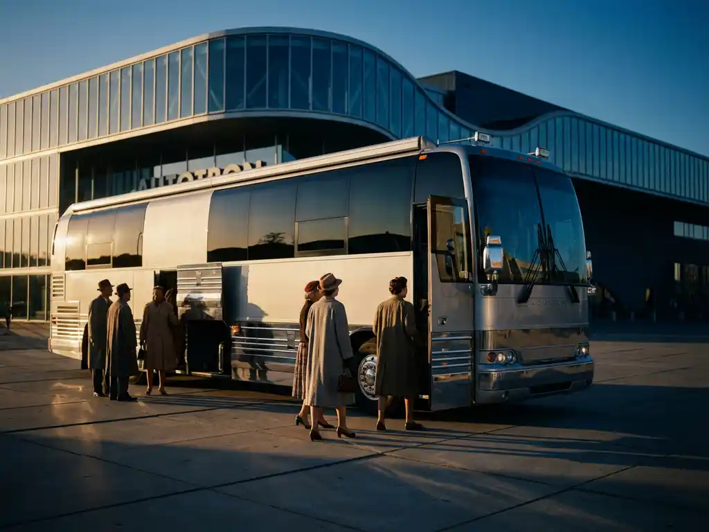 Luxe touringcar met zilveren carrosserie voor het Autotron-gebouw in Rosmalen, passagiers in vintage kleding stappen in