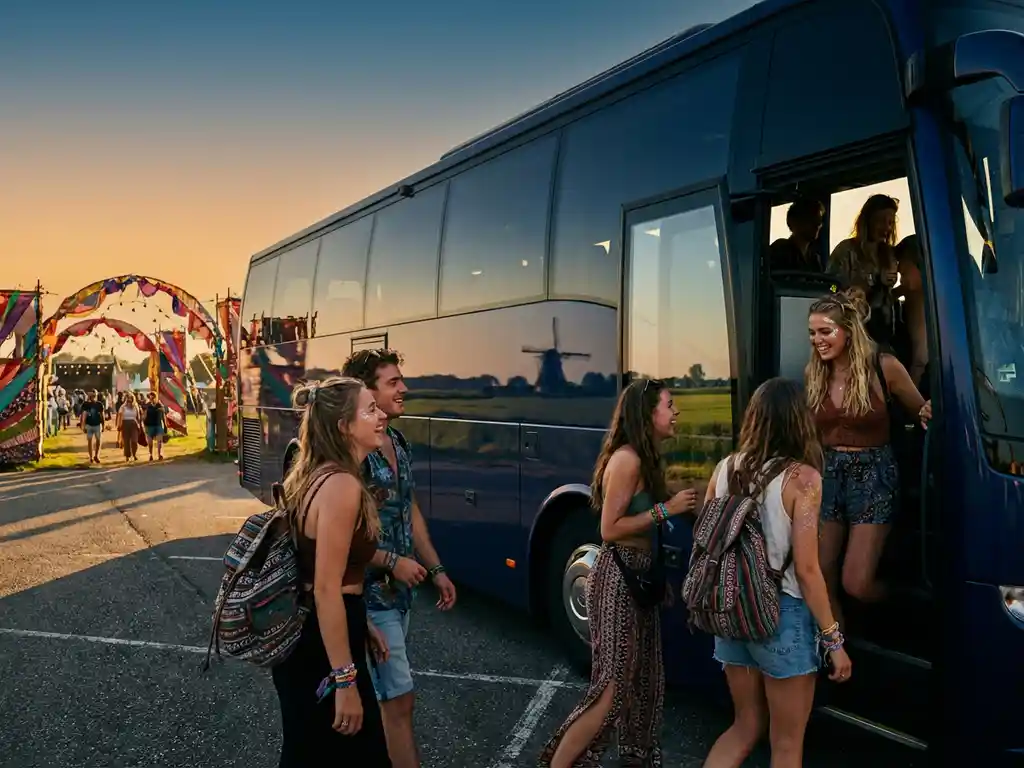 Luxe touringcar met getinte ramen waar jongeren met festivaluitrusting instappen bij festivalingang tijdens gouden uurtje