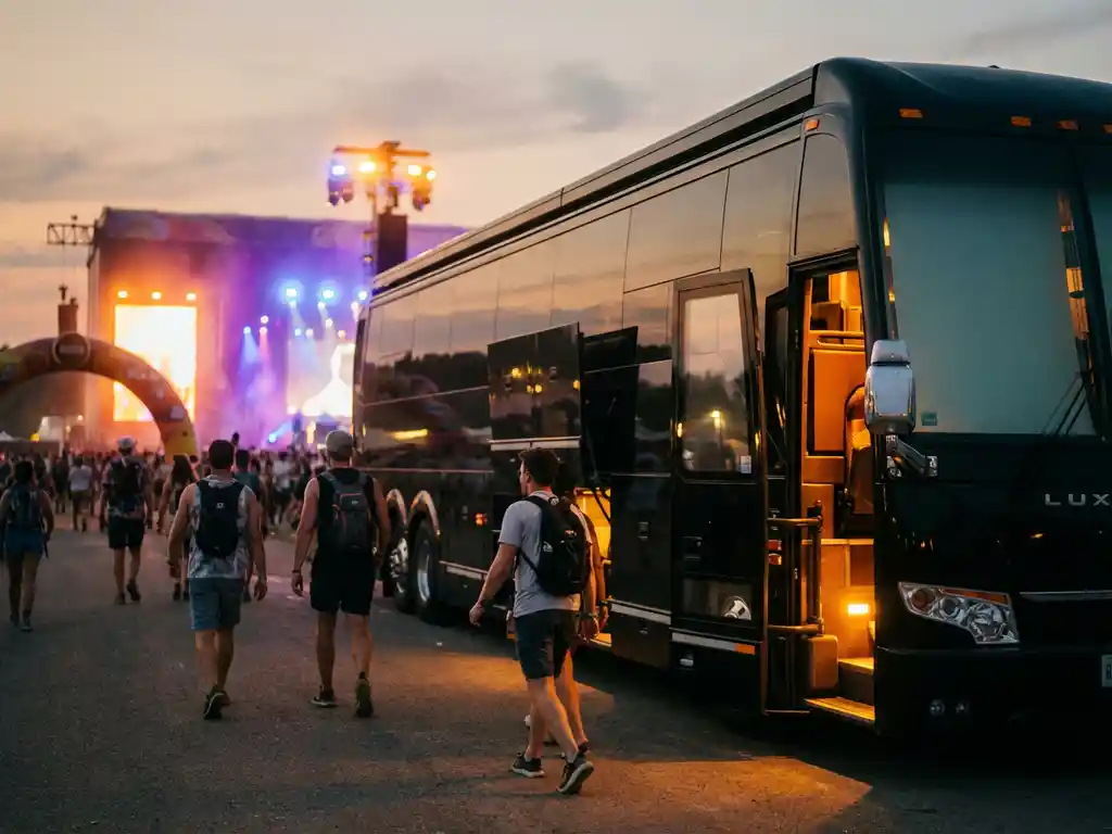 Zwarte luxe touringcar bij muziekfestival ingang tijdens gouden uur, festivalgangers met rugzakken lopen naar verlichte busdeur