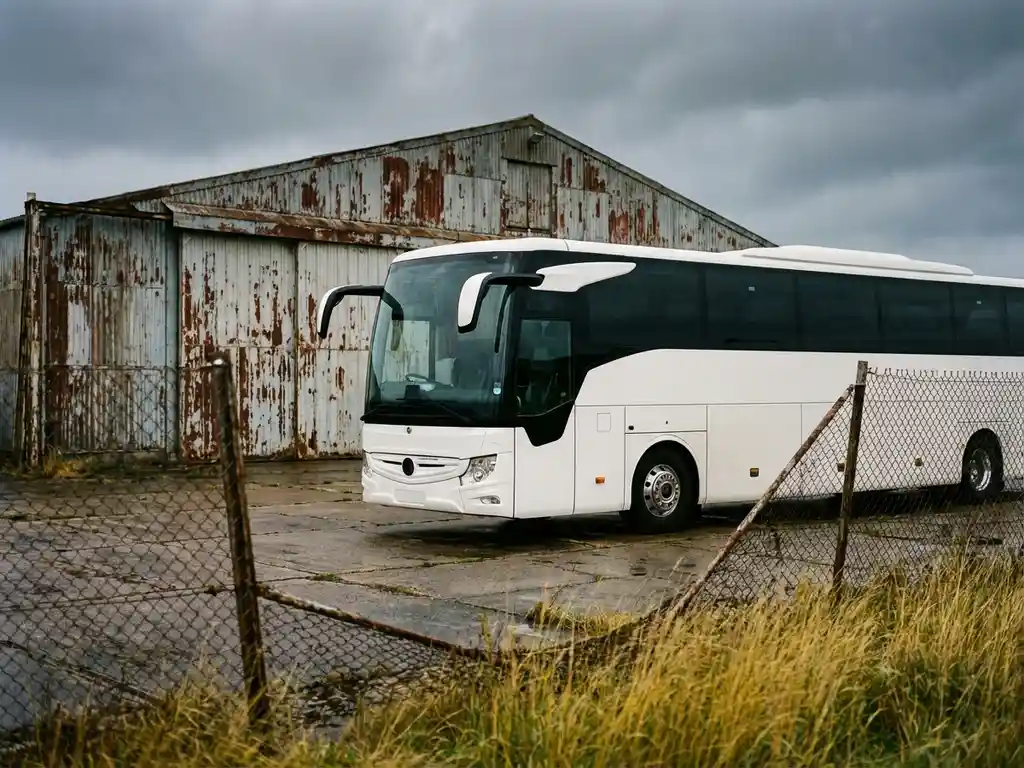 Witte luxe touringcar geparkeerd naast verlaten vliegtuighangar met roestig hekwerk en bewolkte lucht