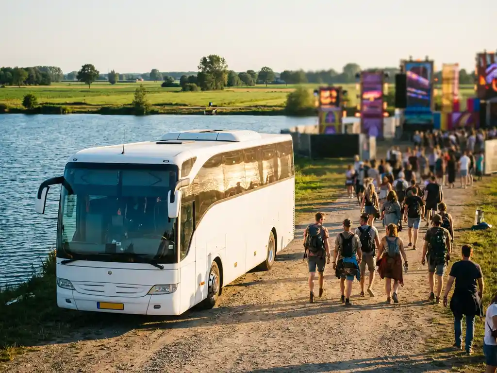 Witte luxe touringcar geparkeerd bij het blauwe Wijthmenerplas meer, festivalgangers lopen naar kleurrijke podia in gouden avondlicht
