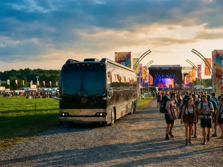 Moderne tourbus geparkeerd bij festivalingang met kleurrijke podiumverlichting en bezoekers op groene festivalterreinen