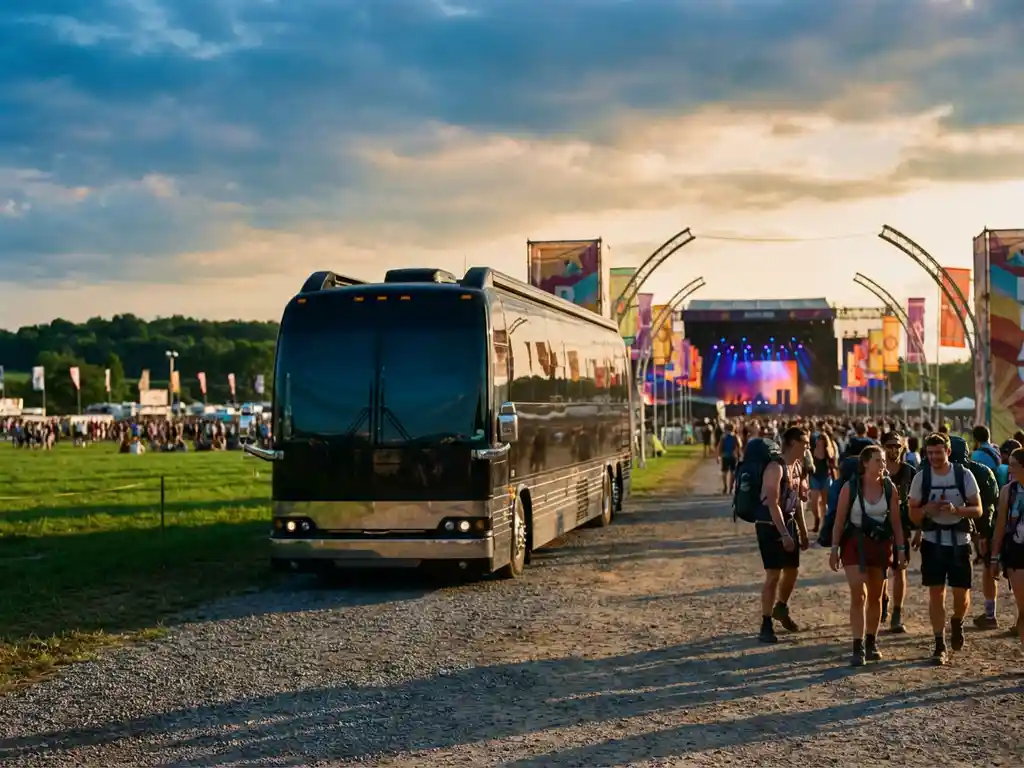 Moderne tourbus geparkeerd bij festivalingang met kleurrijke podiumverlichting en bezoekers op groene festivalterreinen