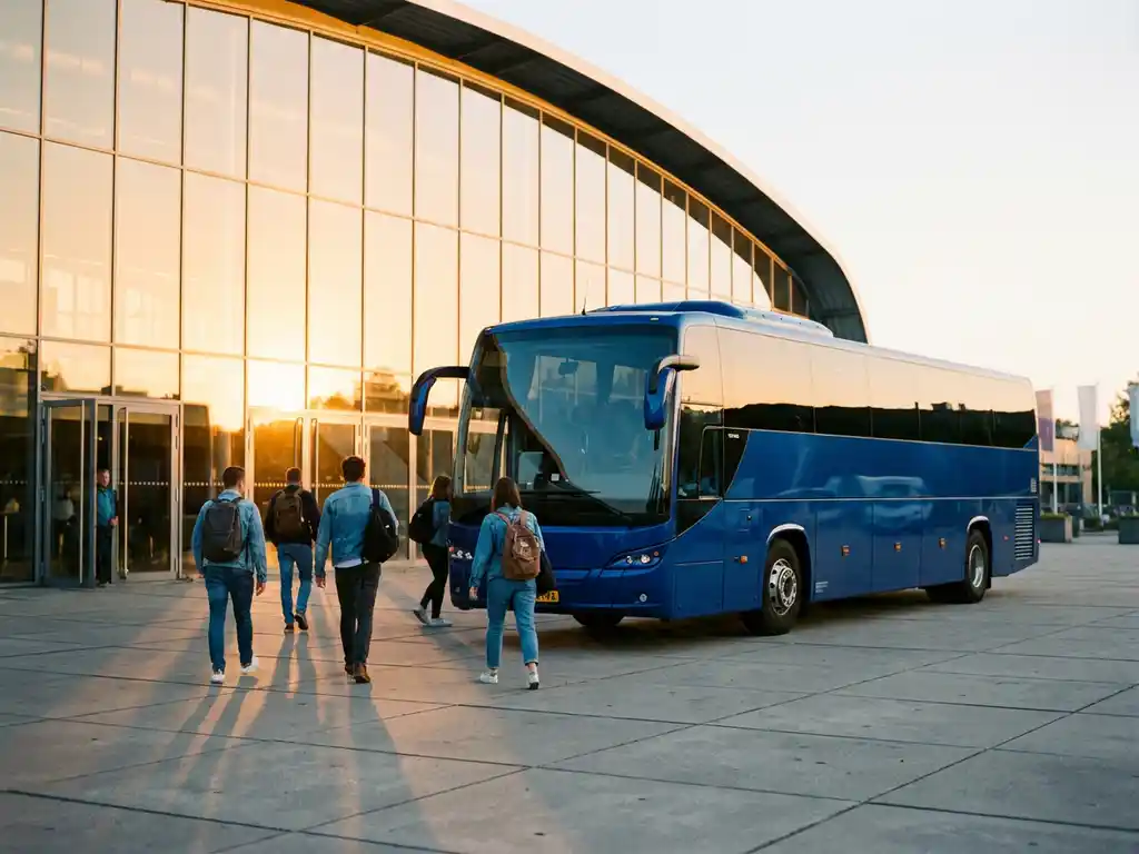 Moderne tourbus met getinte ramen geparkeerd bij de glazen gevel van Brabanthallen, passagiers met rugzakken lopen naar de ingang