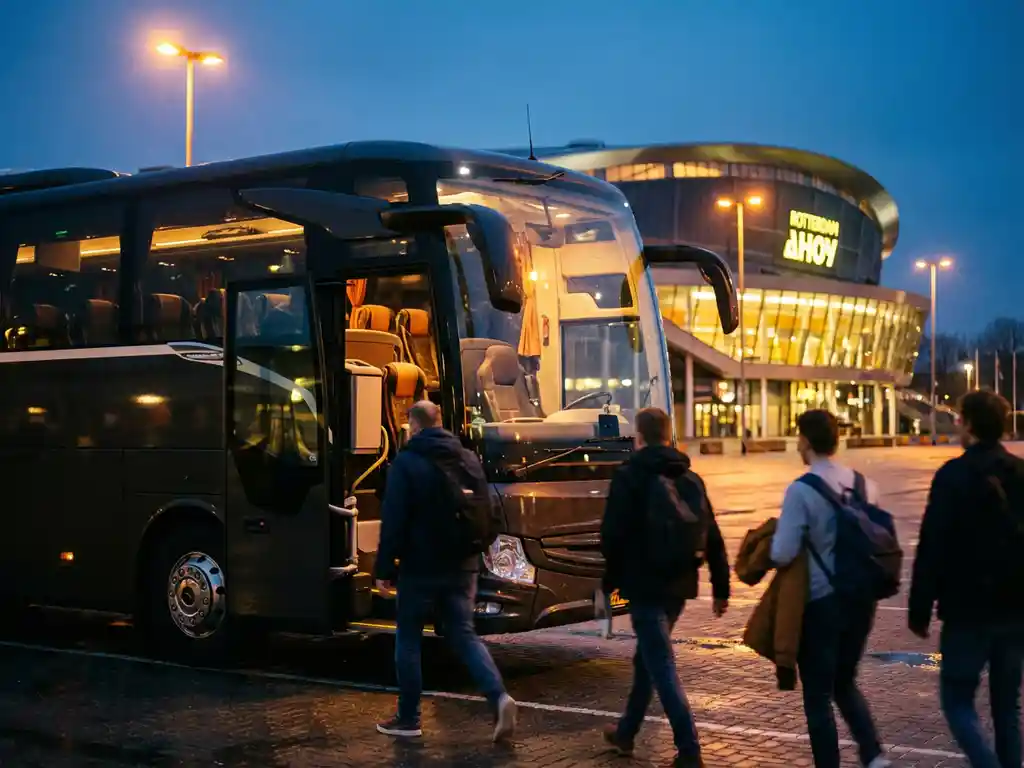Moderne tourbus geparkeerd voor verlicht Ahoy Rotterdam arena 's avonds, concertbezoekers lopen naar bus onder straatverlichting