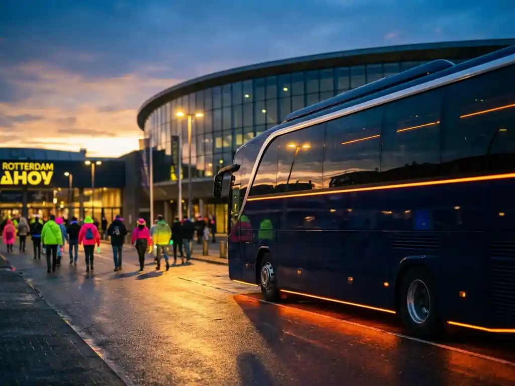 Moderne tourbus geparkeerd voor Ahoy Rotterdam arena met festival bezoekers in kleurrijke rave kleding die naar de ingang lopen