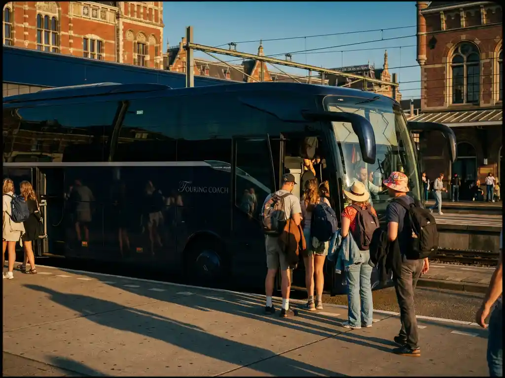 Moderne touringcar met getinte ramen op Amsterdam Centraal perron, passagiers met festivaluitrusting stappen in tijdens gouden uur