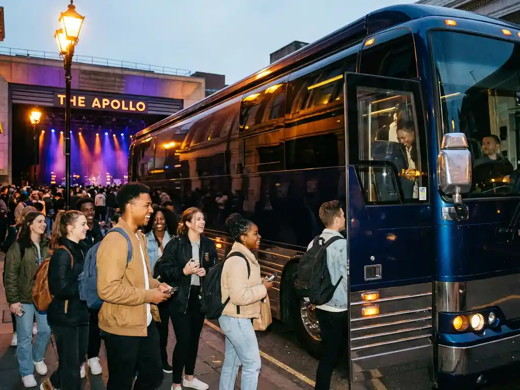 Moderne tourbus geparkeerd voor concertlocatie met kleurrijke podiumverlichting, groep jongeren stapt in luxe coach