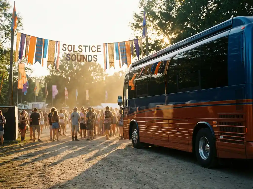 Luxe touringcar met getinte ramen geparkeerd bij kleurrijke festivalingang met enthousiaste menigte tijdens gouden uur