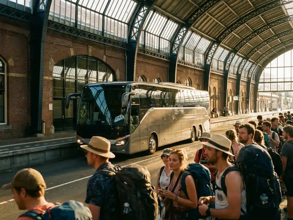 Moderne touringcar arriveert op druk Nederlands treinstation met festivalgangers en klassieke rode bakstenen architectuur
