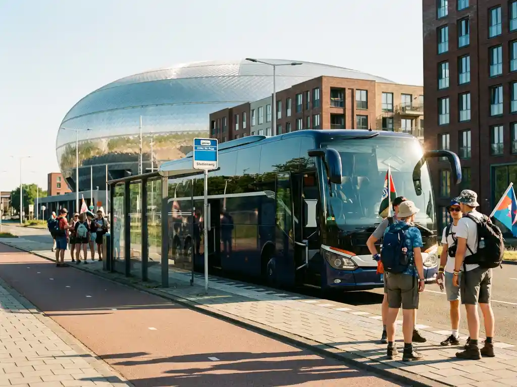 Moderne marineblauwe tourbus geparkeerd bij bushalte met SilverDome's metalen koepel op de achtergrond, festivalgangers wachtend