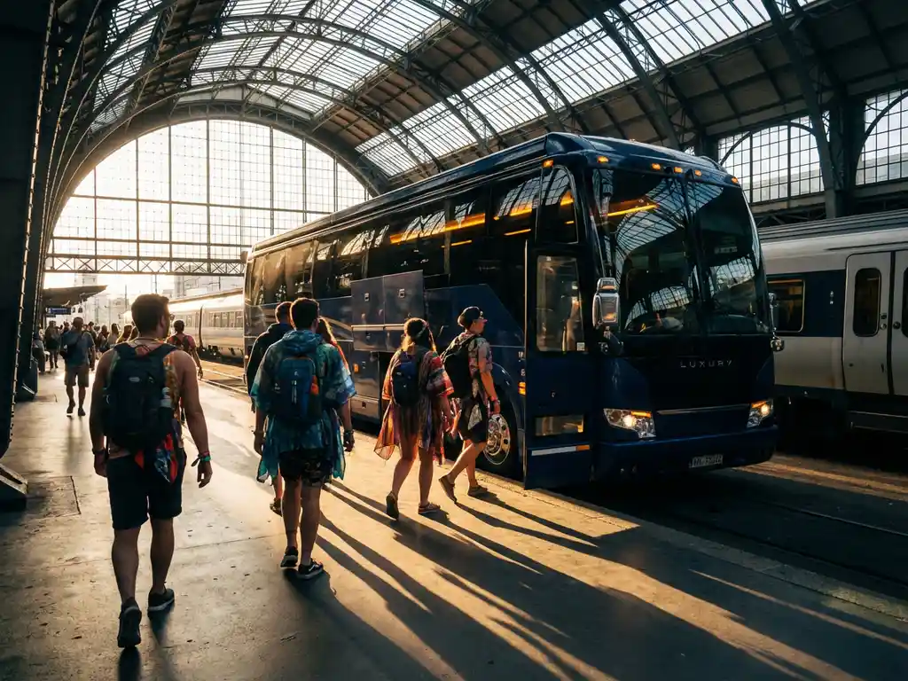Moderne tourbus op druk treinstation perron met passagiers in festivalkleding tijdens gouden uur