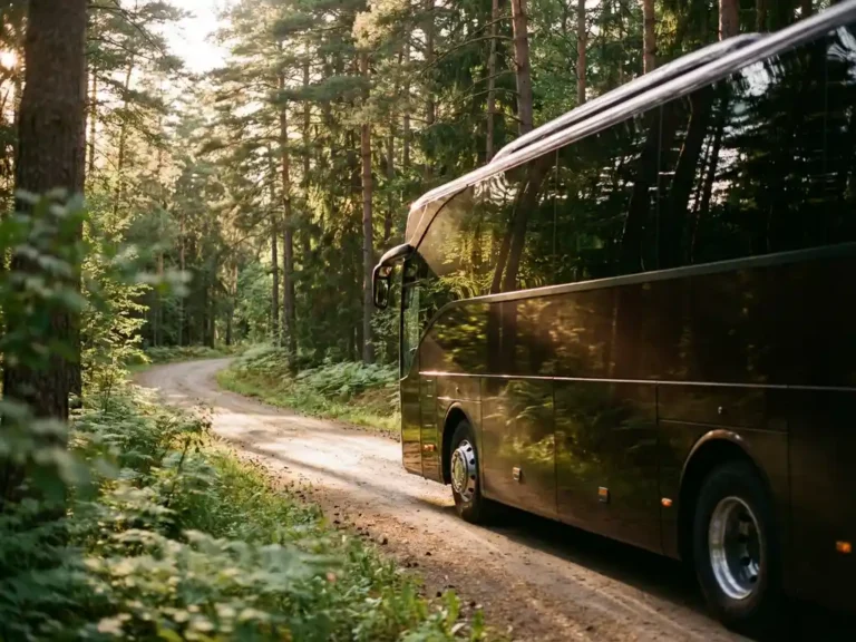 Moderne touringcar rijdt door groene bospaden van Velder Woods met zonlicht door dennenbomen en gouden avondlicht