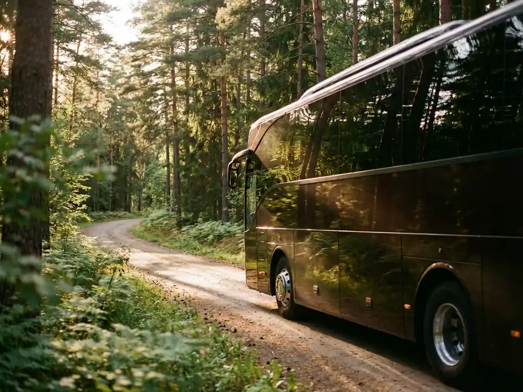 Moderne touringcar rijdt door groene bospaden van Velder Woods met zonlicht door dennenbomen en gouden avondlicht