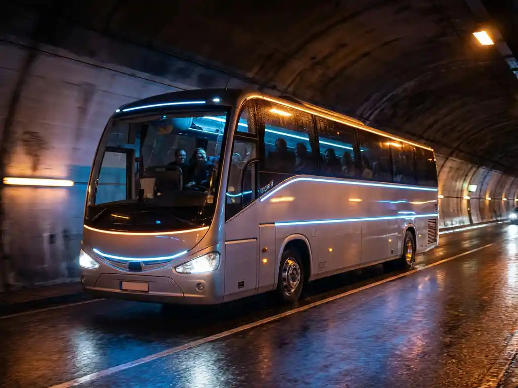 Moderne touringcar rijdt door verlichte Waaslandtunnel tussen Nederland en België, dramatische tunnelverlichting