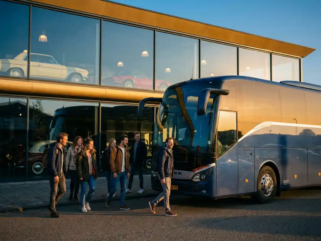 Moderne touringcar geparkeerd voor het Autotron gebouw in Rosmalen, passagiers stappen in terwijl klassieke auto's zichtbaar zijn door glazen ramen