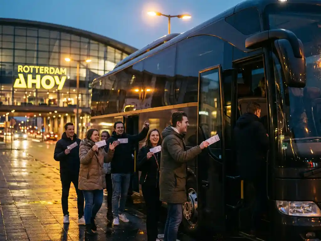 Moderne tourbus met getinte ramen voor Ahoy Rotterdam, passagiers met concertkaartjes stappen in tijdens gouden avondlicht