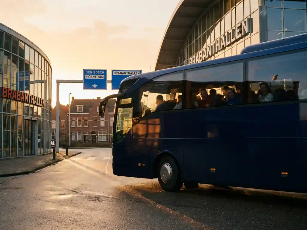 Moderne touringcar nadert Brabanthallen in Den Bosch tijdens gouden uur, passagiers zichtbaar door getinte ramen