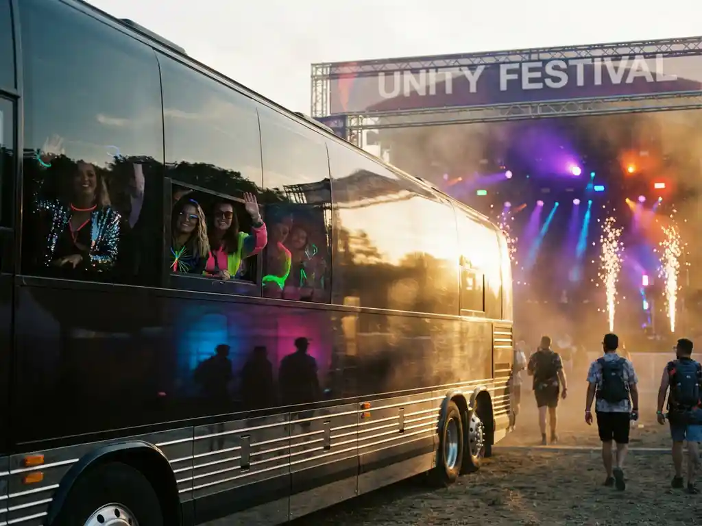 Moderne touringcar met getinte ramen bij festivalingang, passagiers in kleurrijke rave-outfits zichtbaar door ramen, paarse en blauwe podiumverlichting op achtergrond