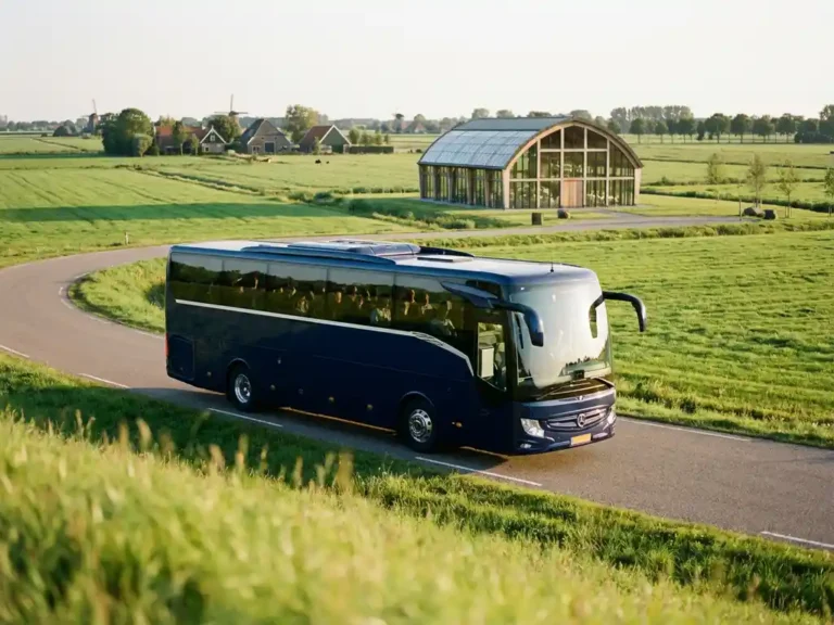Moderne touringcar nadert karakteristiek gebouw door glooiend Nederlands landschap met groene velden en traditionele architectuur