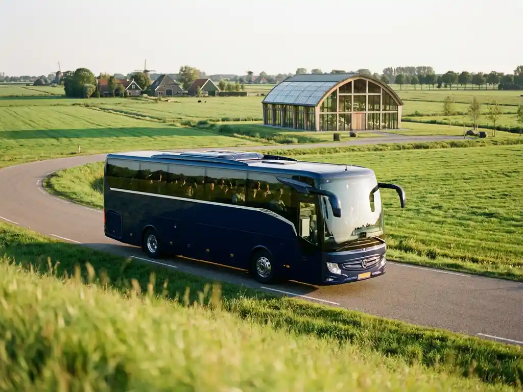 Moderne touringcar nadert karakteristiek gebouw door glooiend Nederlands landschap met groene velden en traditionele architectuur
