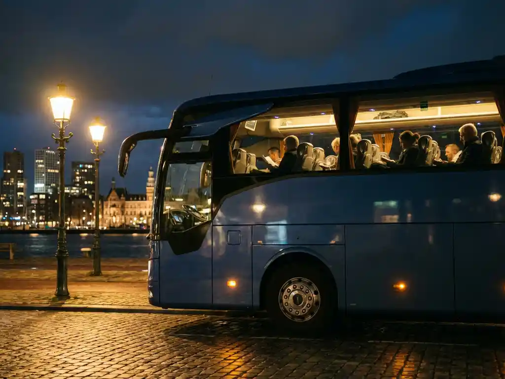 Moderne touringcar geparkeerd onder warme straatverlichting 's nachts met Rotterdam skyline op de achtergrond