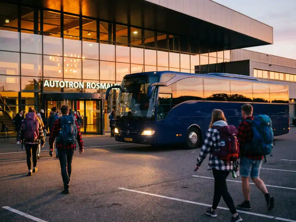 Moderne touringcar arriveert bij Autotron Rosmalen terwijl festivalgangers met rugzakken naar de glazen ingang lopen tijdens gouden uurtje