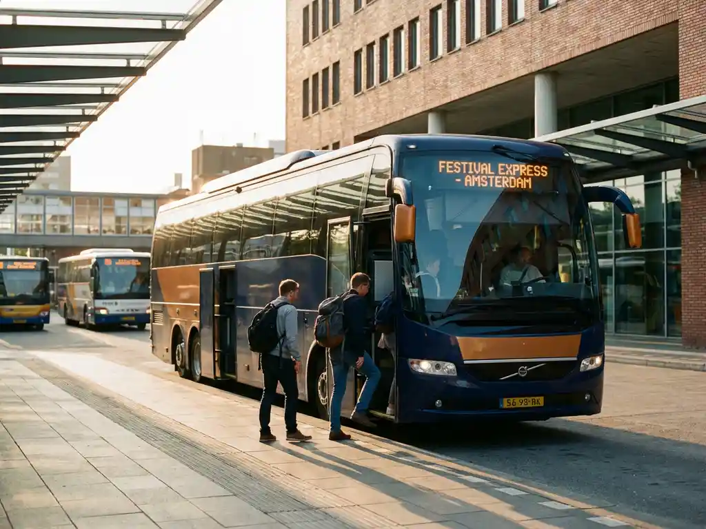 Moderne touringcar met instappende passagiers op Nederlands busstation tijdens gouden uur, met festivalbestemming op display
