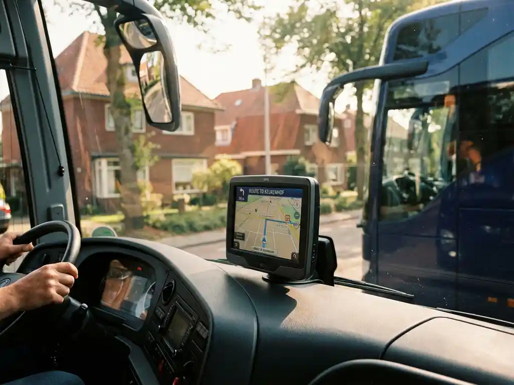 Moderne donkerblauwe touringcar met GPS-navigatie op dashboard, geparkeerd op boomrijke Nederlandse straat met rode dakpannen
