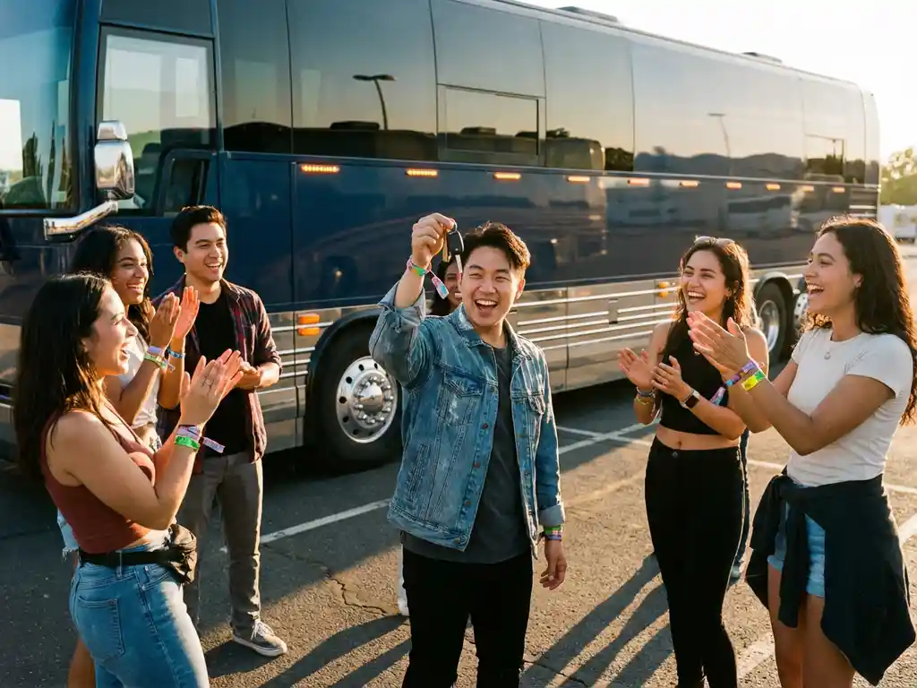 Jonge vrienden juichen terwijl één persoon autosleutels omhoog houdt bij moderne tourbus tijdens gouden uur