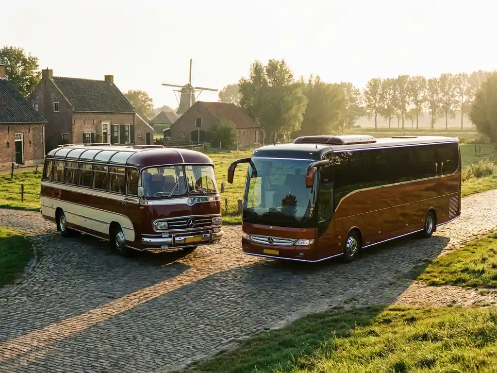 Vintage jaren 70 touringcar naast moderne partybus op Nederlandse kasseien, gouden middaglicht werpt lange schaduwen