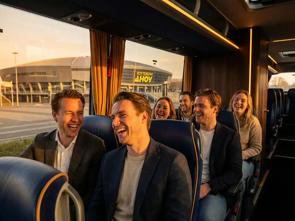 Vrienden lachen samen in luxe tourbus met Rotterdam Ahoy arena zichtbaar door ramen tijdens gouden uur
