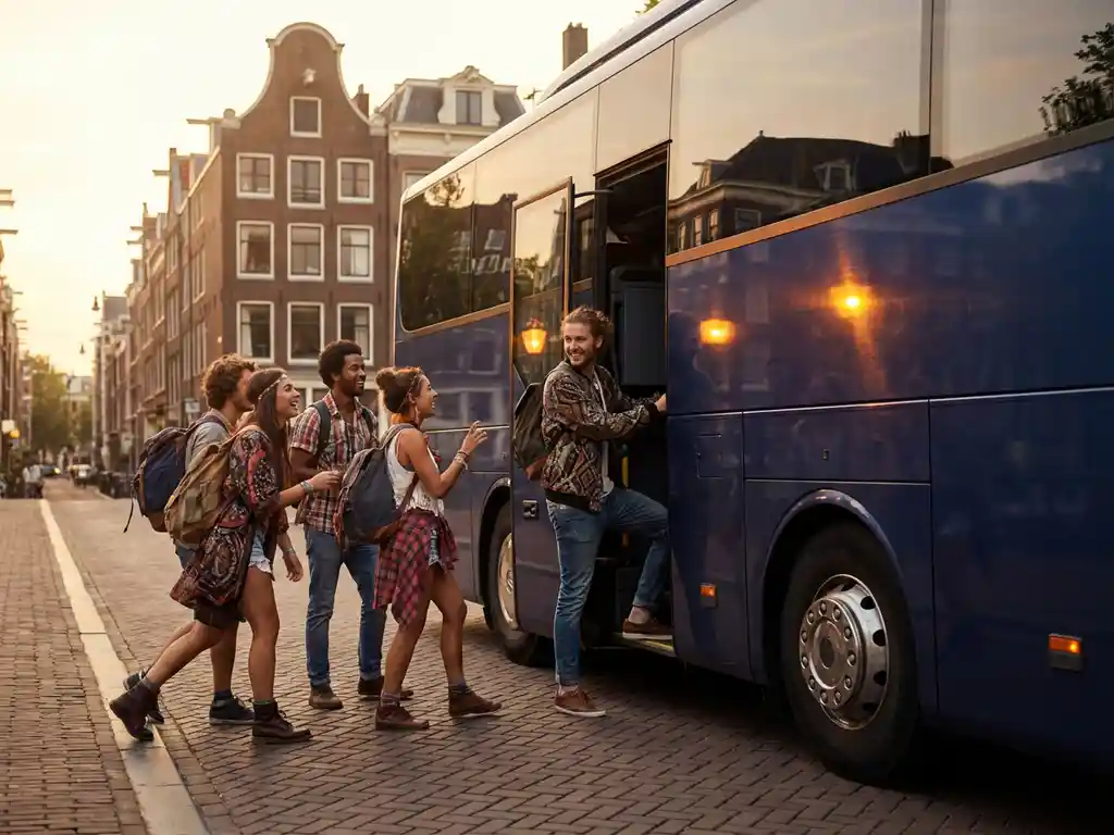 Groep jonge vrienden stapt lachend in moderne tourbus op Nederlandse straat met bakstenen gebouwen tijdens gouden uur
