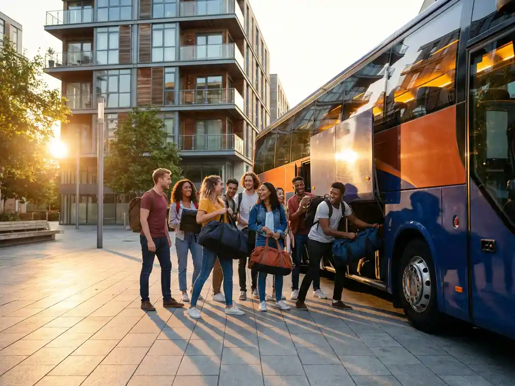 Groep enthousiaste jongeren laadt bagage in moderne touringcar bij appartementengebouw tijdens gouden uurtje