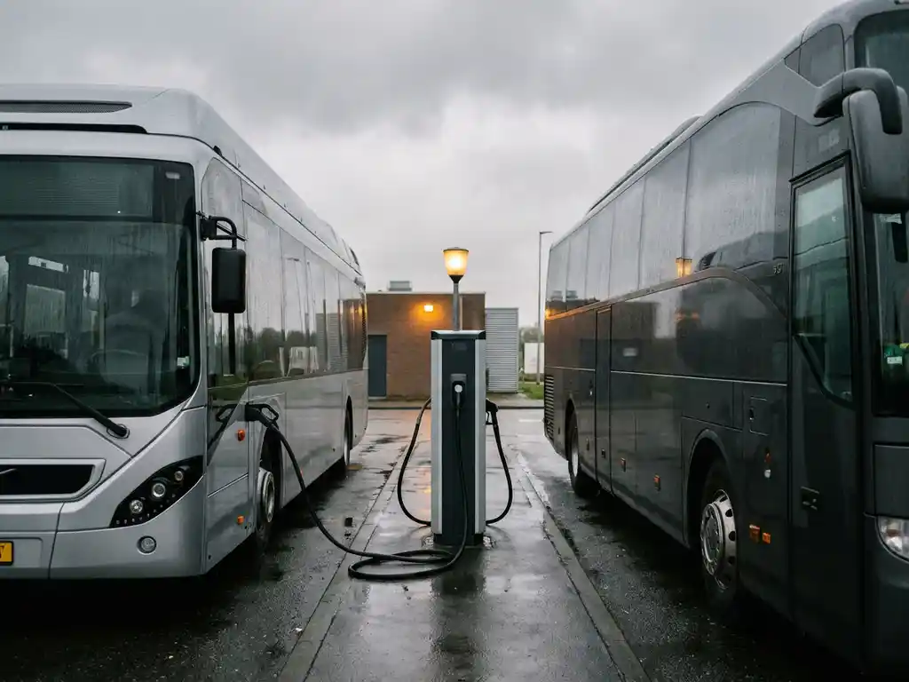 Elektrische bus en dieselcoach naast elkaar op een natte Nederlandse snelwegparkeerplaats, met laadkabel en brandstofpomp op het asfalt.