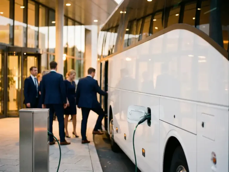 Elektrische luxe touringcar bij een zakelijke evenementenlocatie, met instappende gasten en een groen laadkabel bij een laadstation in het gouden avondlicht.