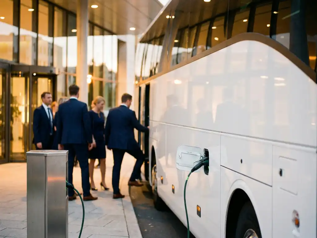 Elektrische luxe touringcar bij een zakelijke evenementenlocatie, met instappende gasten en een groen laadkabel bij een laadstation in het gouden avondlicht.