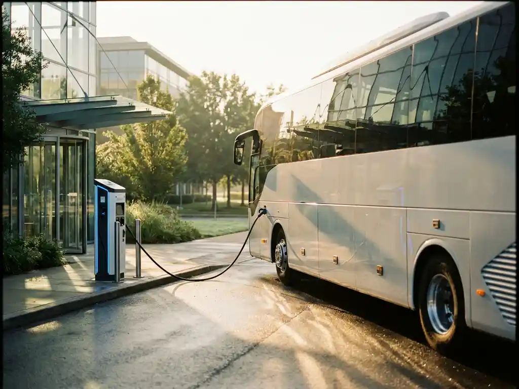 Elektrische touringcar aangesloten op laadstation bij moderne bedrijfscampus, omgeven door groen in warm ochtendlicht.