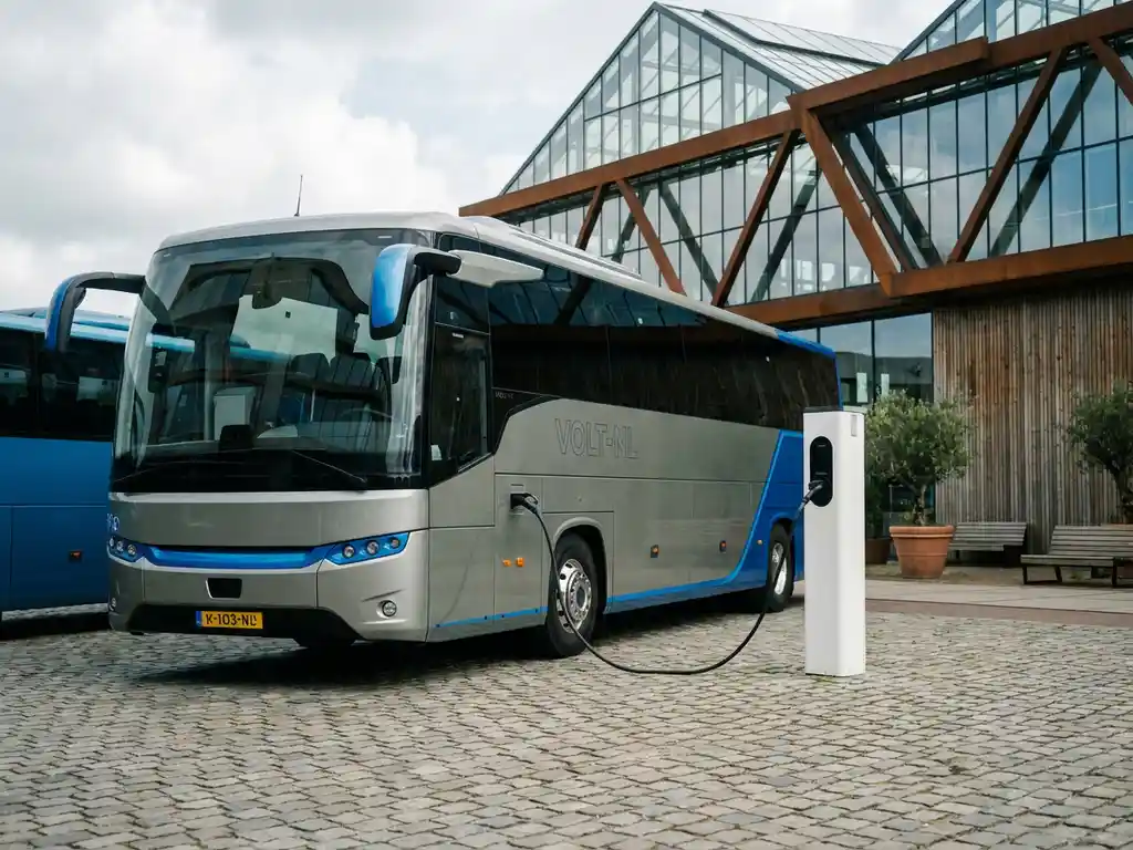 Elektrische touringcar aangesloten op wit laadstation bij modern Nederlands evenementenlocatie met glas-stalen gevel.