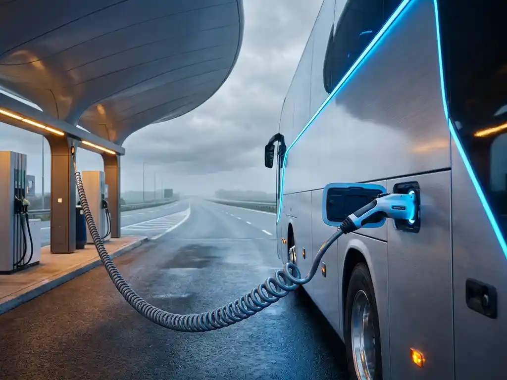 Elektrische touringcar aangesloten op snellaadstation langs snelweg, laadkabel in focus, bewolkte lucht op de achtergrond.