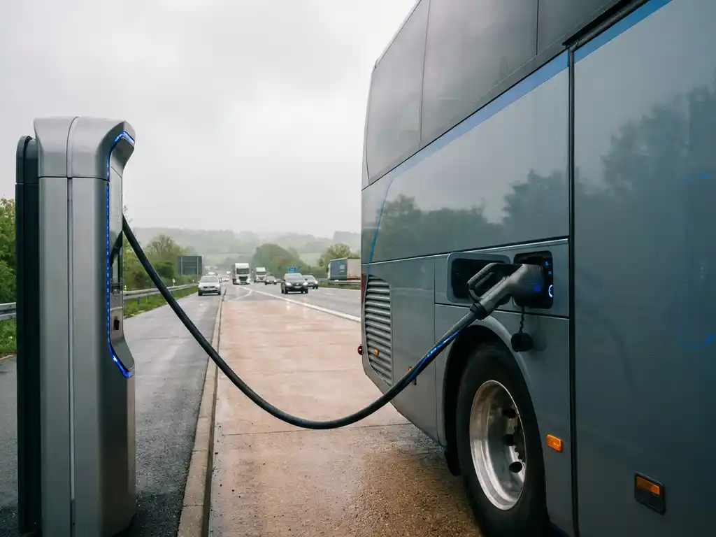 Elektrische touringcar aangesloten op snellaadstation langs Europese snelweg, kabel zichtbaar tussen lader en bus, bewolkt daglicht.