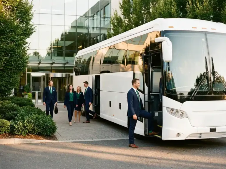 Elektrische touringcar voor glazen kantoorgebouw met instappende zakelijke reizigers in warm middaglicht.