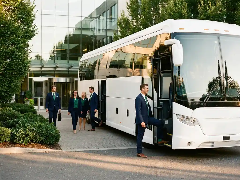 Elektrische touringcar voor glazen kantoorgebouw met instappende zakelijke reizigers in warm middaglicht.