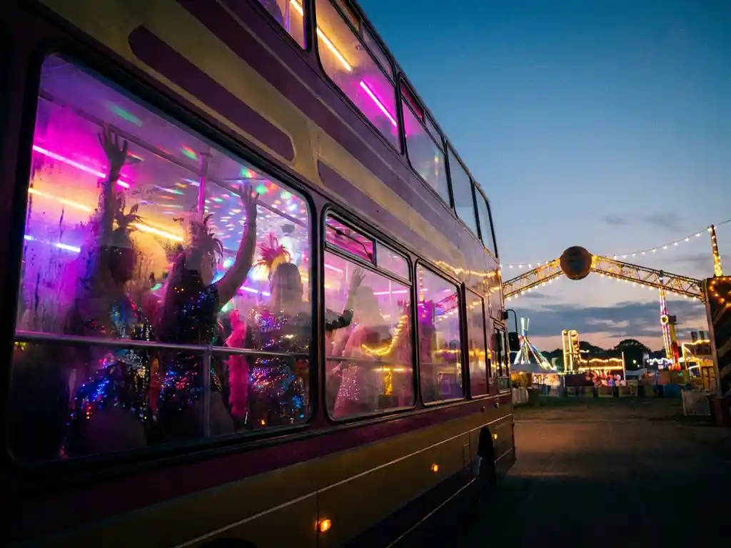 Feestbus vol uitgelaten feestvierders in glitteroutfits, verlicht door roze en paarse discolampen, geparkeerd voor een festivallocatie bij schemering.