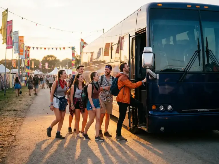 Vrienden stappen in een luxe touringcar bij een festivalingang tijdens gouden uur, gekleurde polsbandjes zichtbaar.