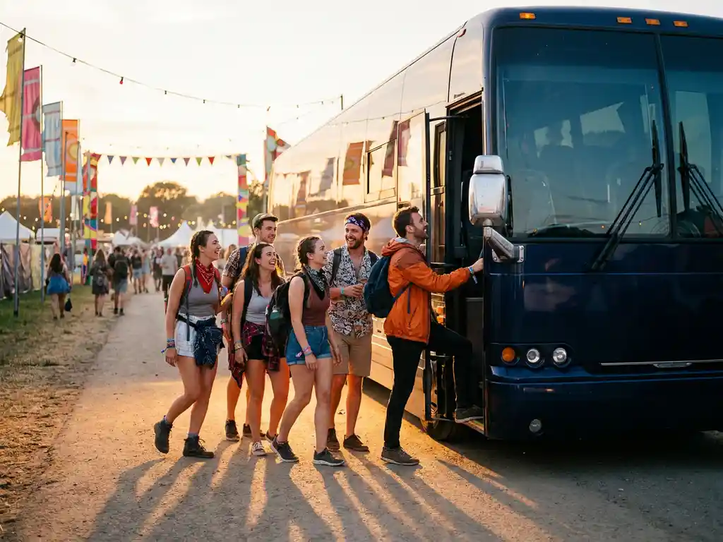 Vrienden stappen in een luxe touringcar bij een festivalingang tijdens gouden uur, gekleurde polsbandjes zichtbaar.